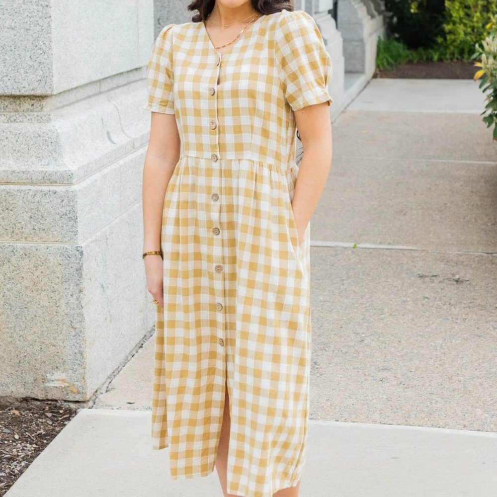 Gingham Dress with Button Front & Back Tie